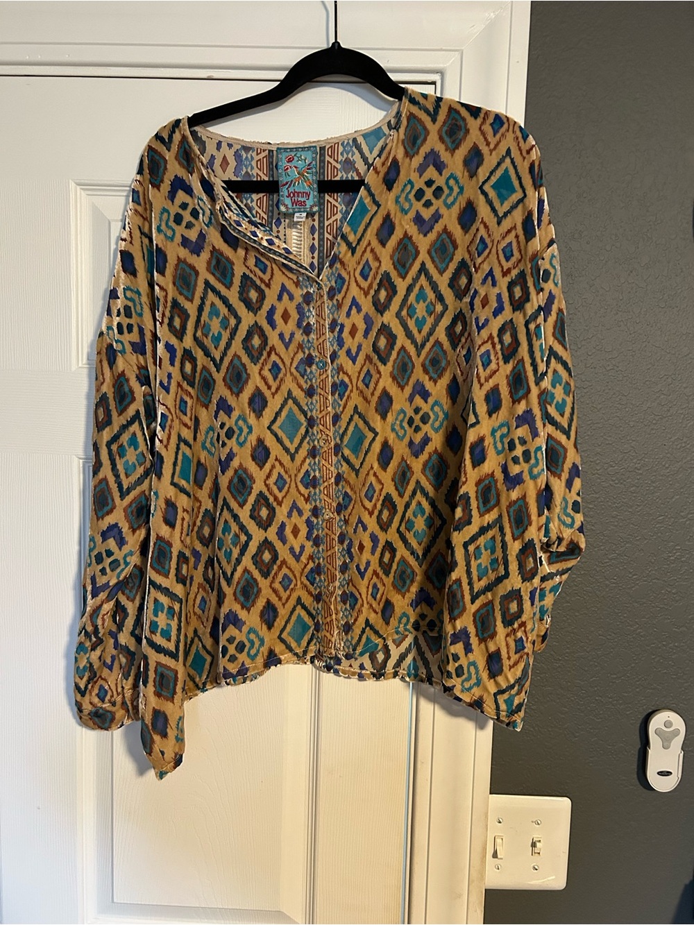 Johnny Was Teal, Gold and Navy Geometric Print Blouse Like New